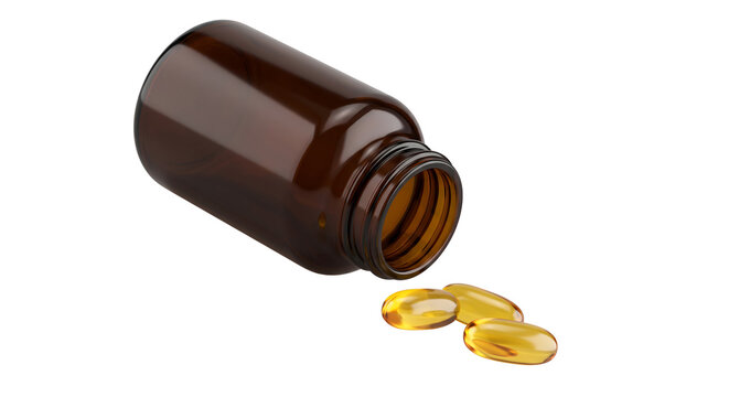 Medicine bottle with omega 3 softgel capsules spilling out transparent background.