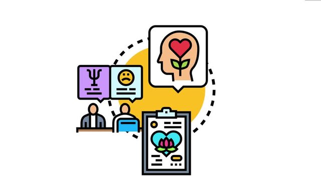 Illustration depicting an individual receiving mental health support, with symbols of psychological well being, emotional assessment, and a comprehensive therapy plan for personal growth