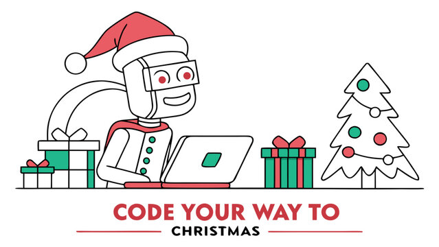 Code your way to christmas concept with santa programmer using laptop, gifts and christmas tree representing festive coding, technology and holiday creativity
