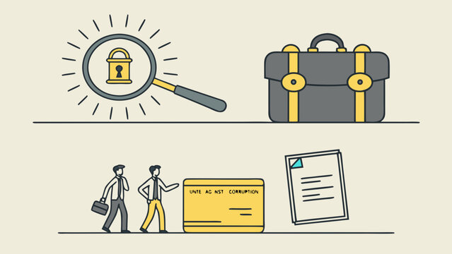 Cybersecurity concept with magnifying glass, padlock, briefcase, business people, credit card and document representing data protection and secure transactions