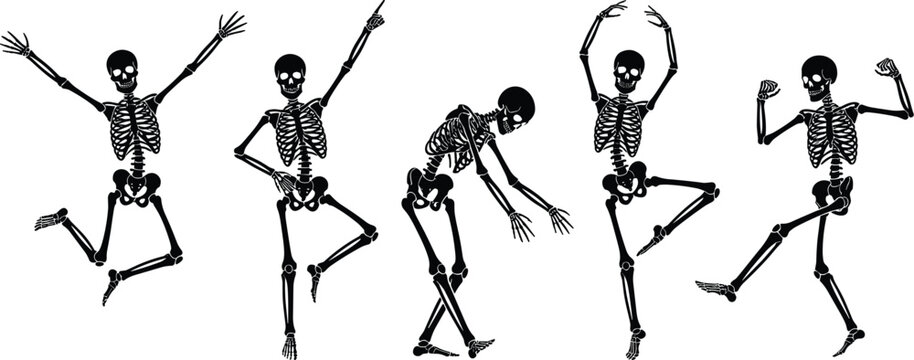  Dancing skeleton silhouette vector set featuring spooky human bony characters jumping posing and doing funny dance moves for Halloween design