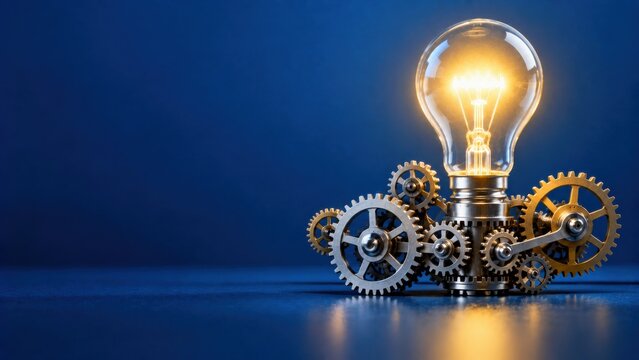 Gears and cogs mechanism powering bright glowing lightbulb as engineering innovation concept.
