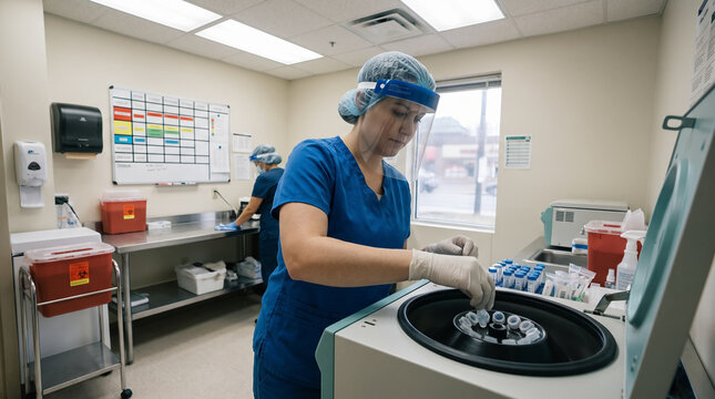Clinic laboratory technician placing sealed blood samples into centrifuge machine for medical testing and analysis. Concept of worker, clinical laboratory, lab technician.