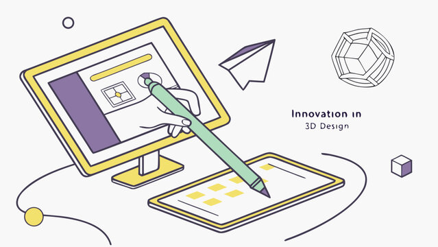 Innovation concept with digital drawing on computer screen, stylus, tablet, paper plane and geometric shapes representing creative design and technology