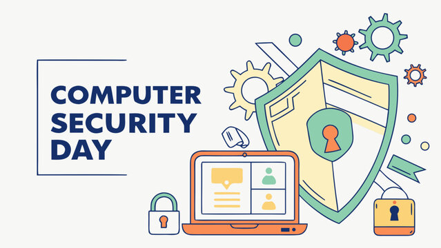 Computer security day concept with shield, keyhole, laptop, locks and gears representing cybersecurity, data protection and digital privacy