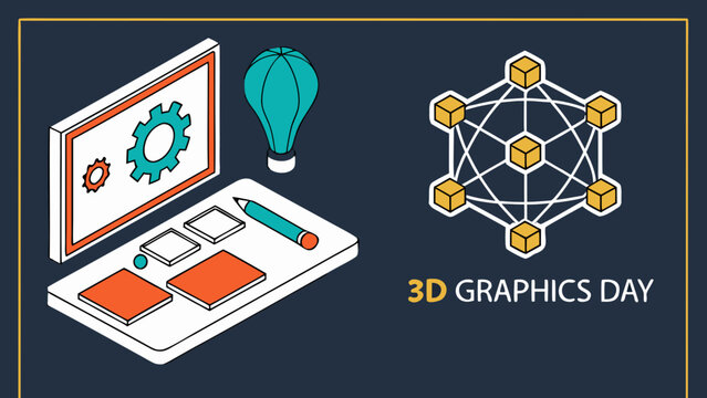 3D graphics day concept with laptop, geometric model, light bulb and design tools representing digital modeling, creativity and computer technology
