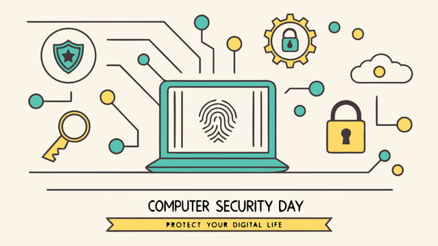 Computer security day concept with laptop, fingerprint, padlock, key and shield representing cybersecurity, privacy, authentication and data protection