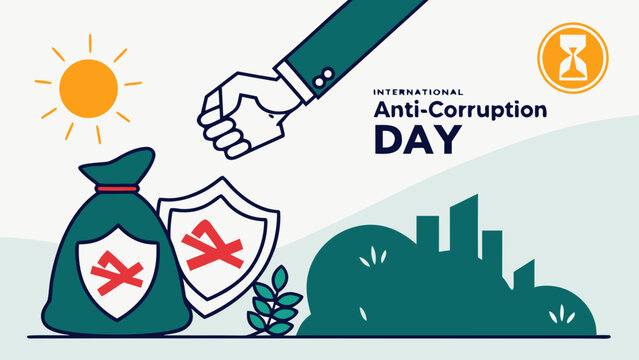Anti-corruption day concept with handshake, money bag, shield, broken bribe symbol, hourglass, sun and city skyline promoting integrity and transparency