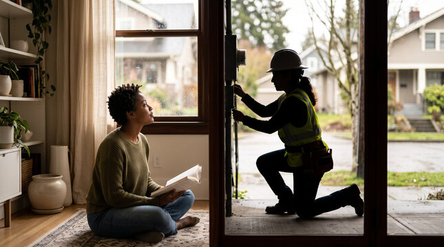 Utility technician installing electric meter outside house while woman sits inside reading book. Concept of city, worker, silhouette, home, interior, utility worker, electrician, meter reader.