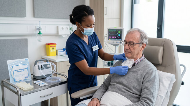 Nurse applying sterile tracheostomy dressing to senior patient in hospital clinic. Concept of clinician, clean, treatment, medical care.