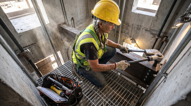 Female construction worker tightening structural steel beam bolts using torque multiplier wrench. Concept of checks.