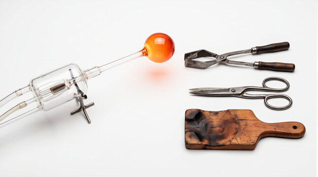 Glassblowing blowpipe with glowing molten glass bulb alongside glassmaking pliers, shears and wooden paddle, conceptual 3D render representing artisan glassblower equipment and trade.