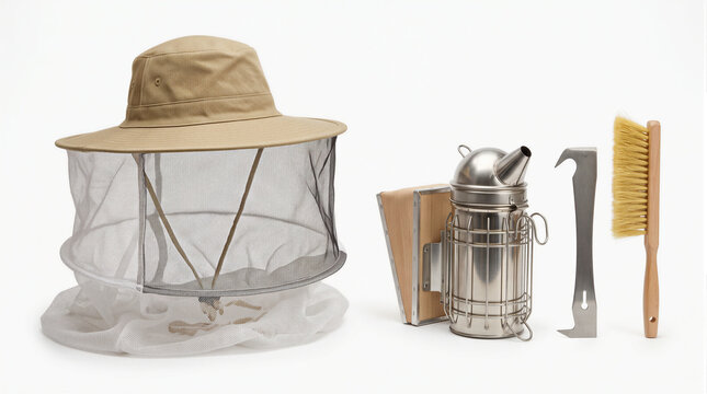 Beekeeper veil hat alongside stainless steel bee smoker, hive tool and apiculture brush, conceptual 3D render representing beekeeping equipment, honey production and apiculture trade.