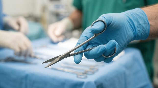 Surgeon Holds Surgical Scissors During Medical Procedure In Operating Room
