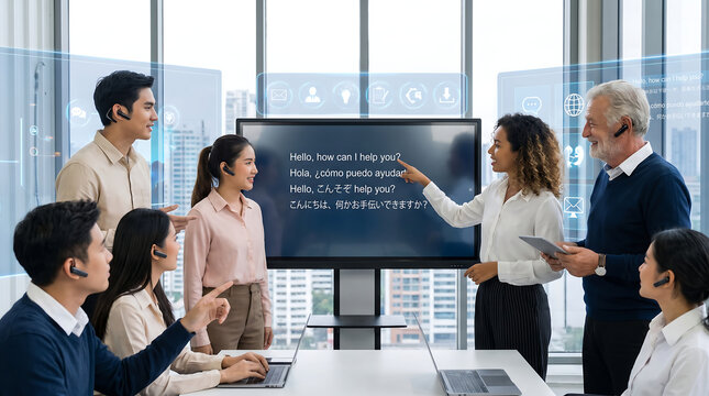 Diverse group of professionals collaborating in modern office with holographic translation display for global communication and understanding.