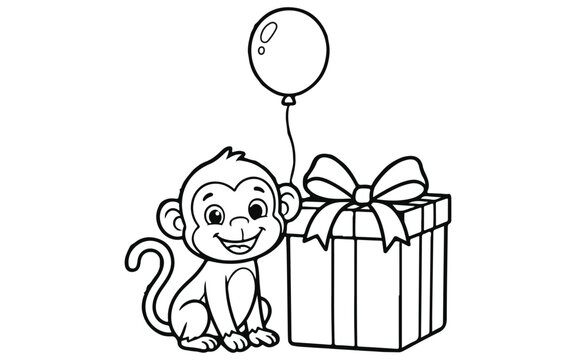 Cute little monkey sitting with a birthday gift box and a floating balloon line art drawing