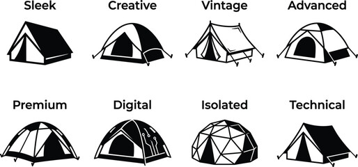 Various tourist camping tent styles graphic collection set featuring dome cabin classic vintage and modern shelter illustrations © MDDELOAR