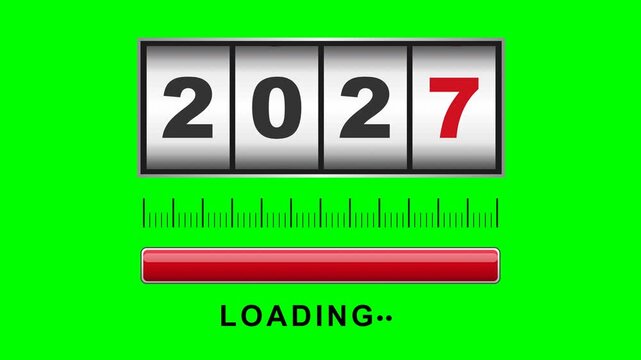 Faithful odometer counter recreation like the reference on solid chroma green background with ALL shadows removed: metallic framed counter with four white cylindrical wheels showing 2 0 2 6, first thr