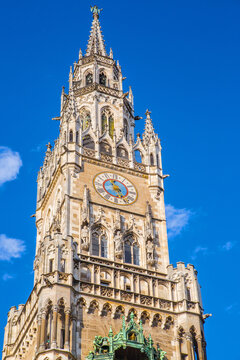 Munich, Germany, 2026: Rathausturm, New Town hall 1874  on the Marienplatz, tower with clock playing tournament", which was originally held in the plaza in 1568 for the marriage of Duke Willi