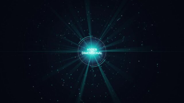Abstract digital background with glowing light rays and circular hud elements representing hyper dimensional space and technology