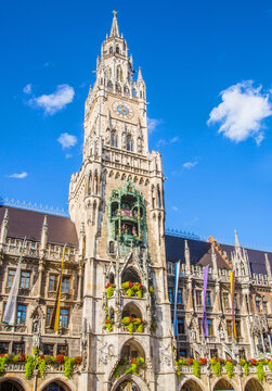 Munich, Germany, 2026: Rathausturm, New Town hall 1874  on the Marienplatz, tower with clock playing tournament", which was originally held in the plaza in 1568 for the marriage of Duke Willi