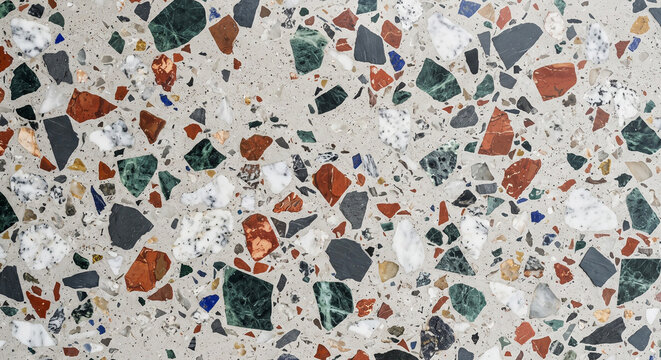 Vibrant Terrazzo Surface Texture with Multi-Colored Stone Fragments for Modern Interior Design Backgrounds and Decorative Architectural Finishes