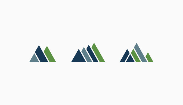 Set of three minimalist geometric mountain logo designs using overlapping blue and green triangles on a white background.
