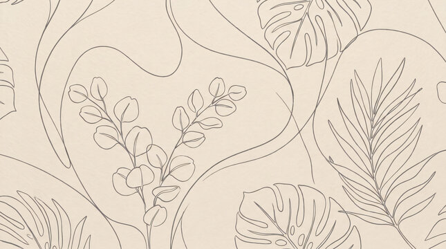 Minimalist botanical line art pattern with eucalyptus leaves and tropical foliage on beige background