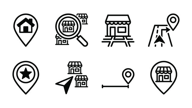 Map Icons and Symbols: A collection of stylized map icons and symbols representing location, search, navigation, and points of interest.