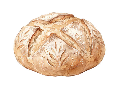 Freshly baked artisan sourdough bread loaf with wheat stalk pattern sourdough homemade nutrition carbohydrate culinary watercolor isolated