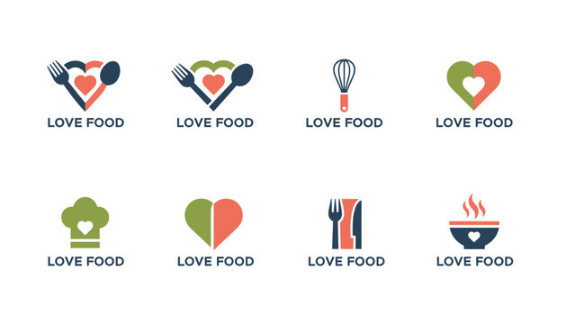 Collection of eight food-related logos with heart shapes, cutlery, chef hats, and kitchen tools in red and green colors.