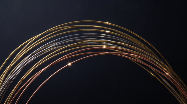 Curved metallic wire strands with golden and copper highlights over dark background. Concept of floating, threads, nearly, black, gradient, gold lines, curved metal, abstract background. Copy space.