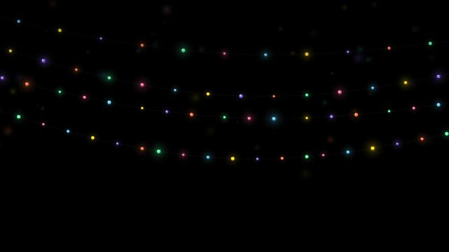 Colorful twinkling string lights blinking on a black background