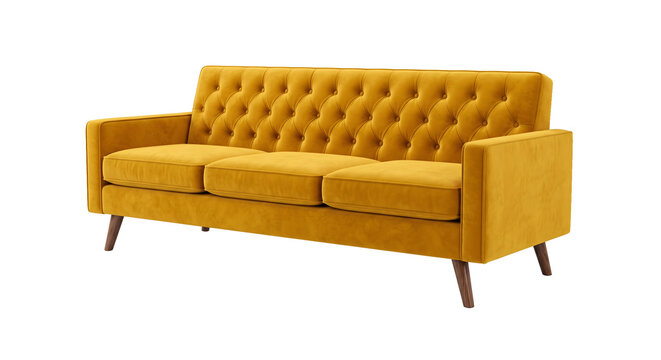 Yellow velvet tufted sofa with wooden legs for modern living room furniture.