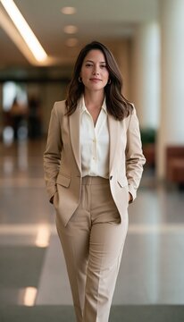 Confident female principal walking in modern corridor