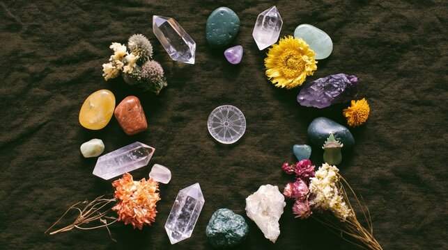 Mystical flat lay with crystals and dried flowers arranged in a circle
