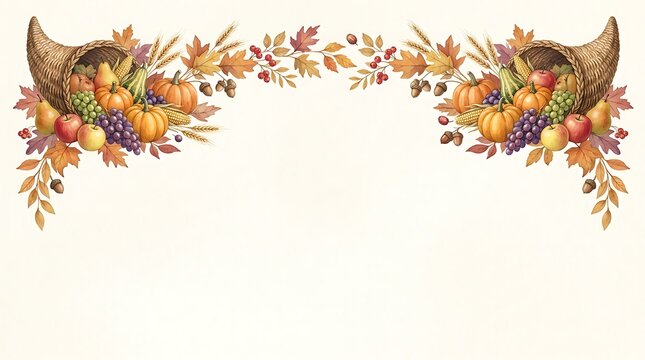 Thanksgiving cornucopia harvest illustration with autumn fruits, vegetables, and fall leaves border