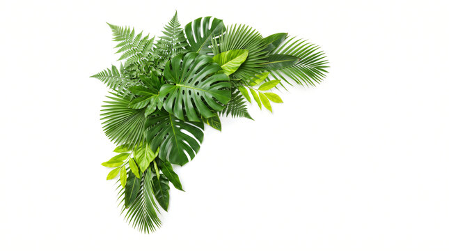Tropical palm leaves corner composition with monstera and green ferns isolated on white background