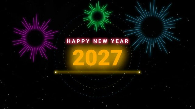 New Year countdown from three to one followed by a glowing 2027 text and colorful fireworks in space