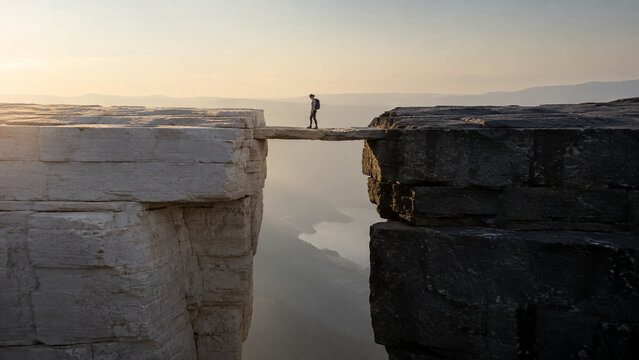 Hiker crossing narrow stone bridge between cliffs at sunset overcoming risk. Concept of gradients, layered, blocks, cliff gap, risk concept, courage, overcoming obstacles. Copy space.
