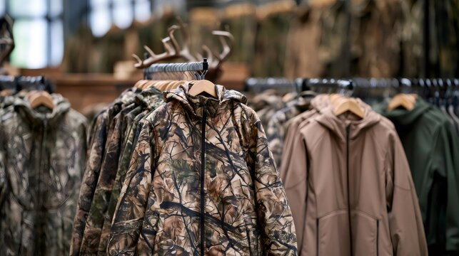 Camouflage hunting jackets on display in retail store