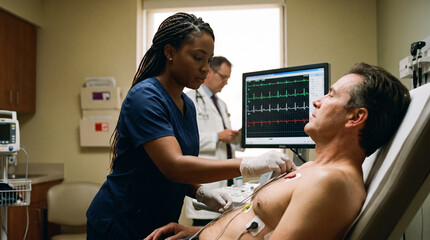 Obraz premium Cardiology technician placing ecg electrodes on male patient during medical heart diagnostics in hospital. Concept of monitoring, places, heart exam, electrocardiogram, medical test.