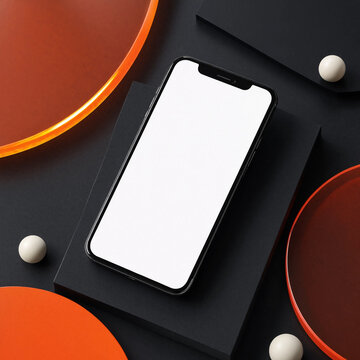 Modern smartphone mockup with blank white screen on abstract geometric background