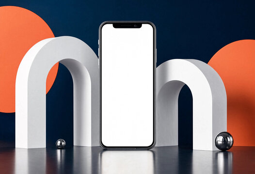 Modern smartphone mockup with blank white screen standing against decorative abstract white arches and colorful geometric background
