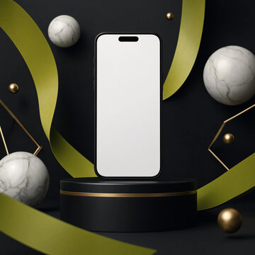 Modern smartphone with blank screen on podium with abstract geometric shapes