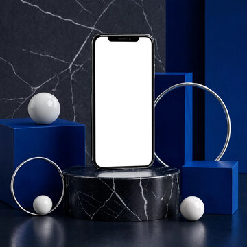 Modern smartphone with blank white screen mockup on geometric platform display
