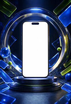 Modern smartphone with blank white screen on a circular podium display background