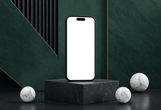 Modern smartphone with blank white screen standing on a marble podium display