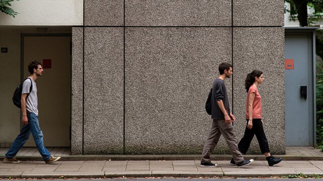 Couple walking in opposite directions outside modern apartment entrance