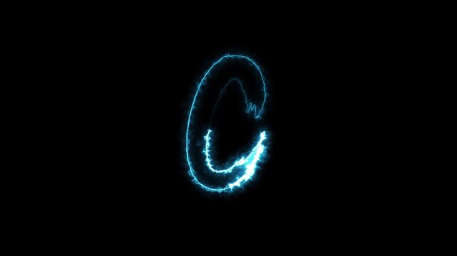 Neon letter C, luminous blue alphabet symbol forming from sparkling energy particles, cinematic typography reveal, glowing outline, magical light effects, isolated on dark background, 4k
